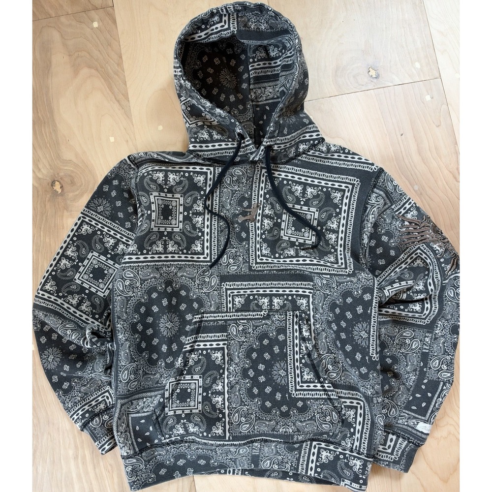Bruce Lee Hoodie Men's S Black Bandana Paisley Embroidered Faded Streetwear Y2K